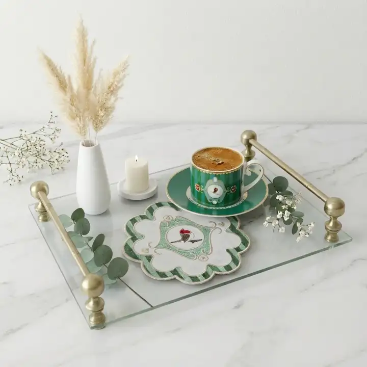 2 Adet Yeşil Pip Studio Uyumlu Nakışlı Kuş Detaylı Kokteyl Sunum Peçetesi