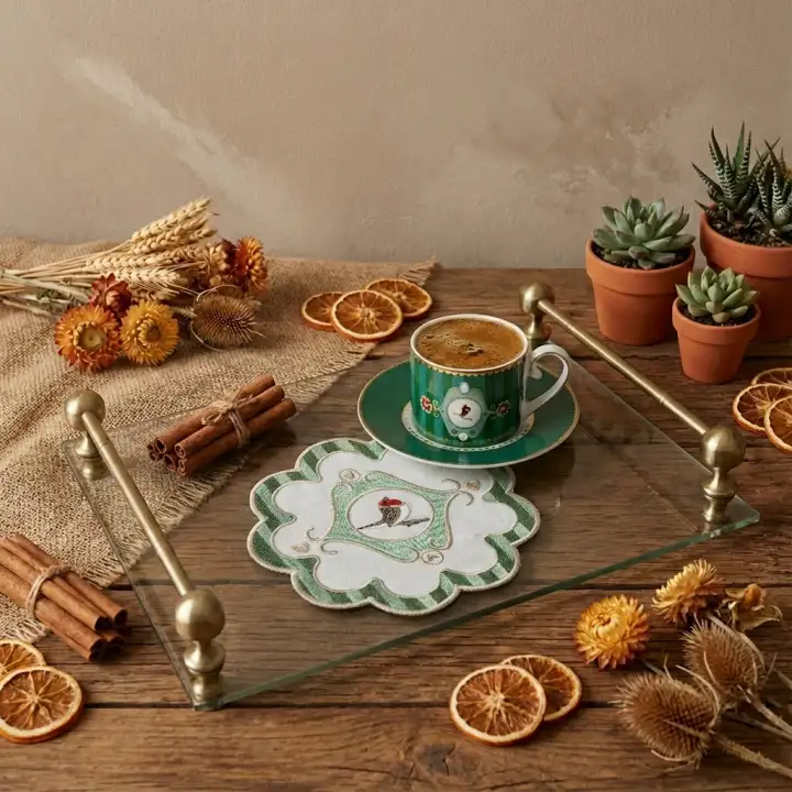 2 Adet Yeşil Pip Studio Uyumlu Nakışlı Kuş Detaylı Kokteyl Sunum Peçetesi