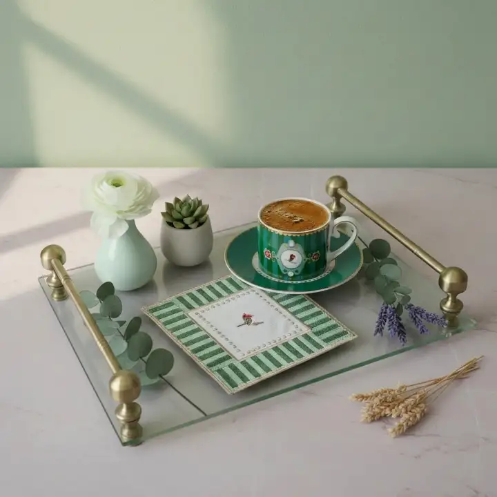 2 Adet Yeşil Pip Studio Uyumlu Nakışlı Love Bird Detaylı Kare Kokteyl Sunum Peçetesi