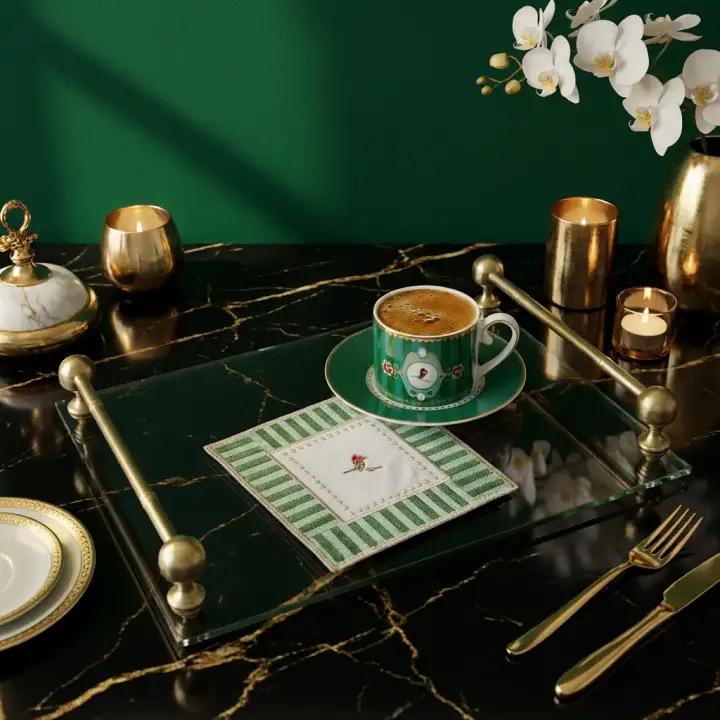 2 Adet Yeşil Pip Studio Uyumlu Nakışlı Love Bird Detaylı Kare Kokteyl Sunum Peçetesi