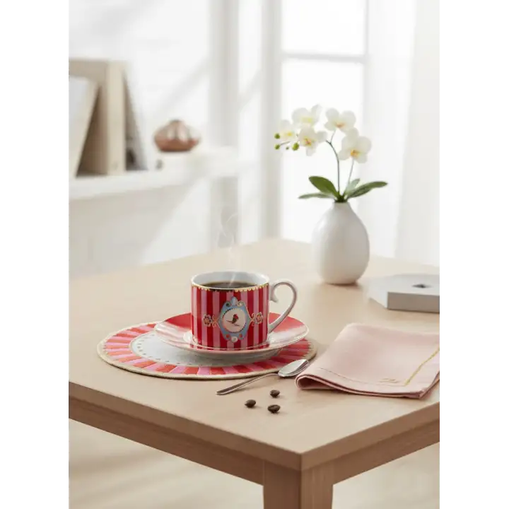 2li Nakışlı Kuş Desenli Yuvarlak Kokteyl Peçetesi - Pip Studio Uyumlu Kırmızı Sunum Peçetesi - 15 cm