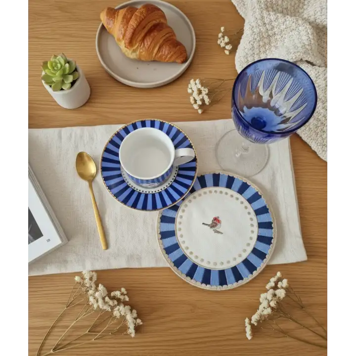 2li Nakışlı Kuş Desenli Yuvarlak Kokteyl Peçetesi - Pip Studio Uyumlu Mavi Sunum Peçetesi 15cm