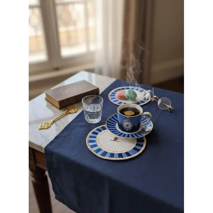 2li Nakışlı Kuş Desenli Yuvarlak Kokteyl Peçetesi - Pip Studio Uyumlu Mavi Sunum Peçetesi 15cm