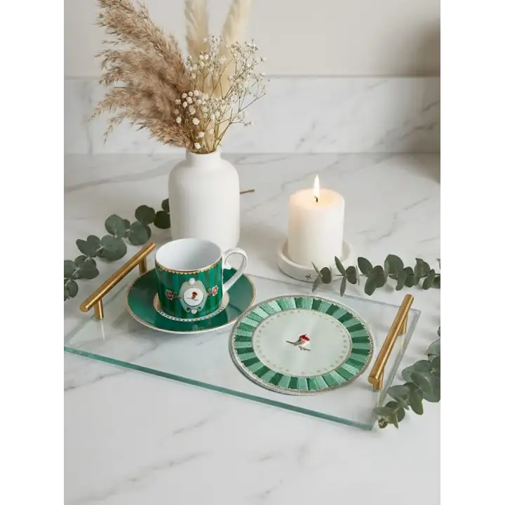 2li Nakışlı Kuş Desenli Yuvarlak Kokteyl Peçetesi - Pip Studio Uyumlu Yeşil Sunum Peçetesi 15cm