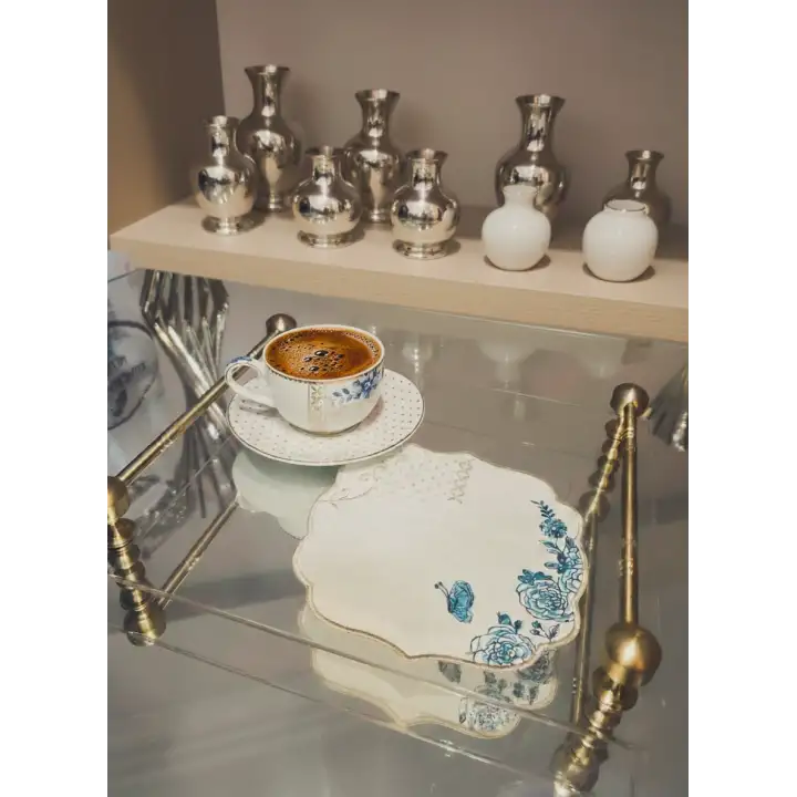 2 Adet Pip Royal Uyumlu Mavi Beyaz Nakışlı Lüks Keten Sunum Peçetesi 15x15cm