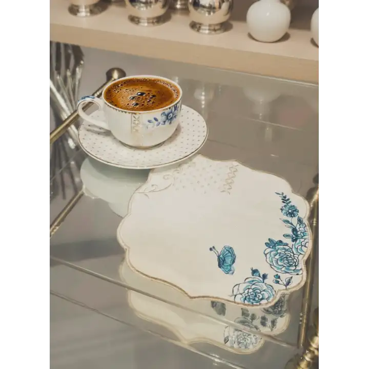 2 Adet Pip Royal Uyumlu Mavi Beyaz Nakışlı Lüks Keten Sunum Peçetesi 15x15cm