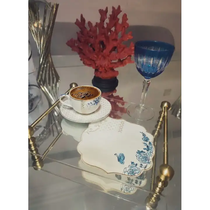 2 Adet Pip Royal Uyumlu Mavi Beyaz Nakışlı Lüks Keten Sunum Peçetesi 15x15cm