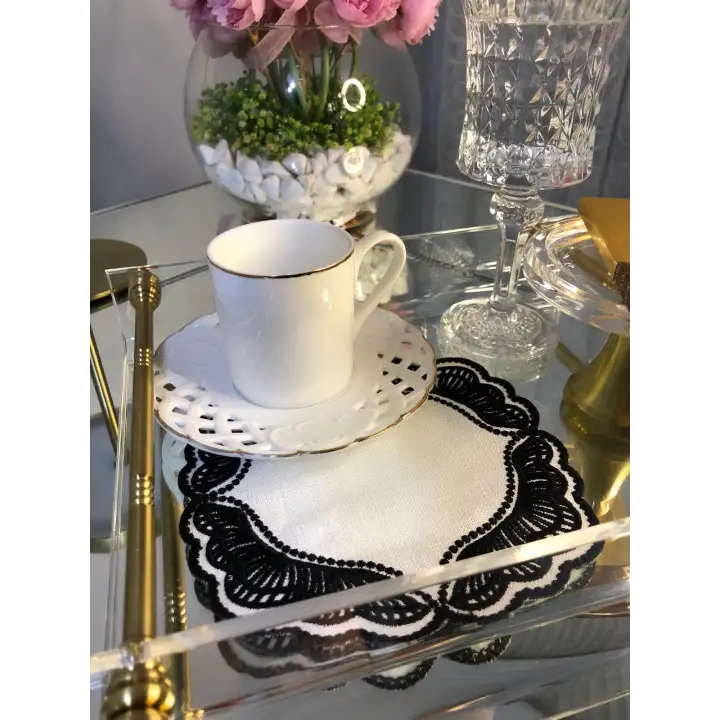 Majestik Siyah Dalgalı Nakış Peçete – 2li Set 15x15cm Premium Kokteyl Sunum Peçetesi