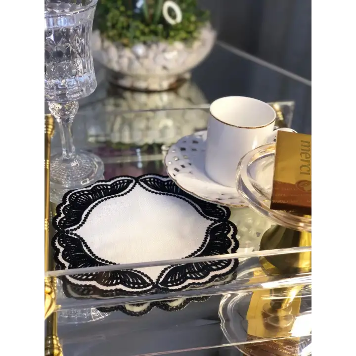 Majestik Siyah Dalgalı Nakış Peçete – 2li Set 15x15cm Premium Kokteyl Sunum Peçetesi