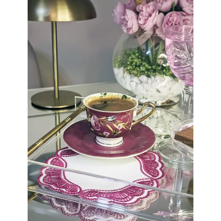 Majestik Magenta Dalgalı Nakış Peçete – 2li Set 15x15cm Premium Kokteyl Sunum Peçetesi