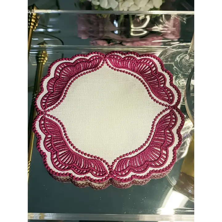 Majestik Magenta Dalgalı Nakış Peçete – 2li Set 15x15cm Premium Kokteyl Sunum Peçetesi