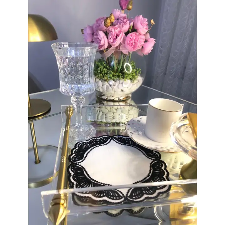 Majestik Siyah Dalgalı Nakış Peçete – 2li Set 15x15cm Premium Kokteyl Sunum Peçetesi