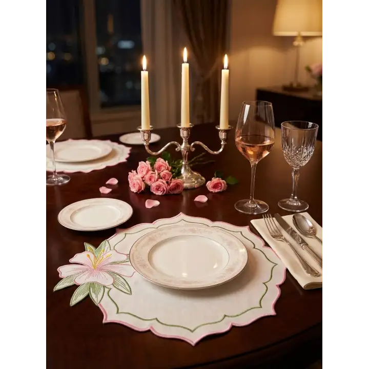 2 Kişilik Zambak Nakışlı Amerikan Servis Supla ve Sunum Peçetesi Seti - 4 Parça Bahar Serisi
