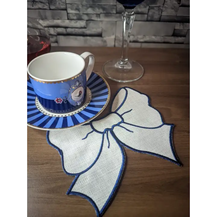 2li Beyaz Fiyonk Nakışlı Sunum Peçetesi Seti - Özel Tasarım Kahve ve Kokteyl Yanı Dekoratif Peçete