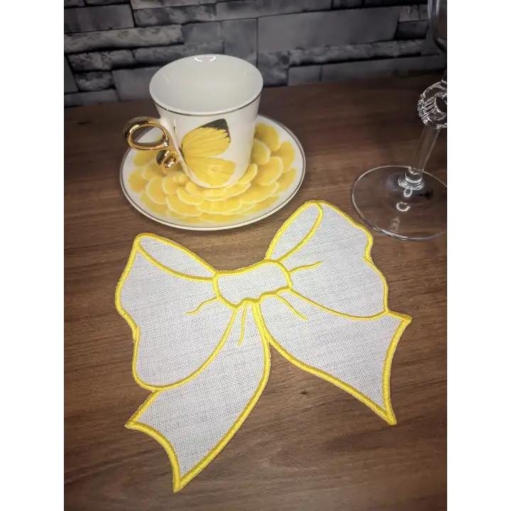 2li Beyaz Fiyonk Nakışlı Sunum Peçetesi Seti - Özel Tasarım Kahve ve Kokteyl Yanı Dekoratif Peçete