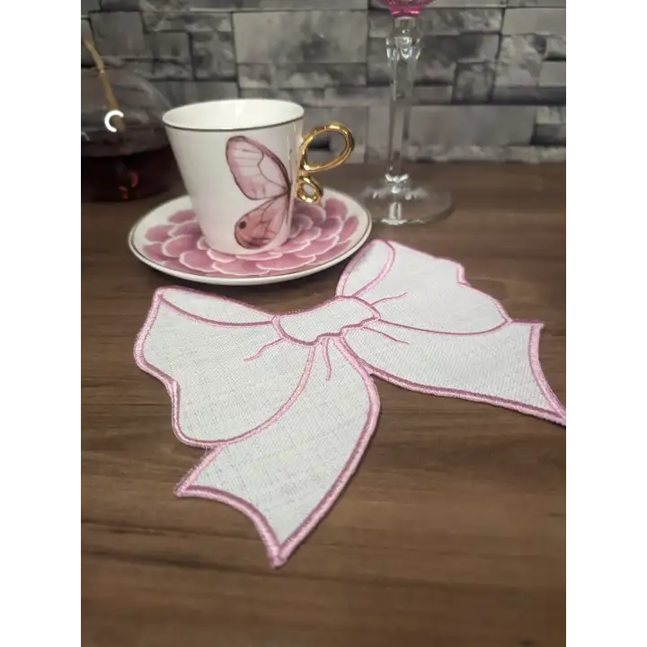 2li Beyaz Fiyonk Nakışlı Sunum Peçetesi Seti - Özel Tasarım Kahve ve Kokteyl Yanı Dekoratif Peçete