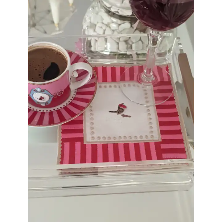 3 Adet Farklı Renklerde Kare Pip Studio Uyumlu Nakışlı Love Bird Detaylı Kokteyl Sunum Peçetesi