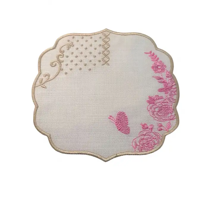 2 Adet Pip Royal Uyumlu Pembe Beyaz Nakışlı Lüks Keten Sunum Peçetesi 15x15cm