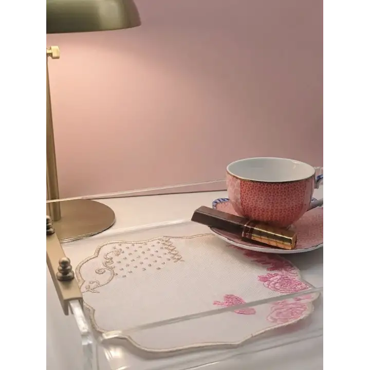 2 Adet Pip Royal Uyumlu Pembe Beyaz Nakışlı Lüks Keten Sunum Peçetesi 15x15cm