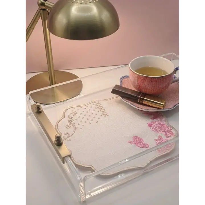 2 Adet Pip Royal Uyumlu Pembe Beyaz Nakışlı Lüks Keten Sunum Peçetesi 15x15cm