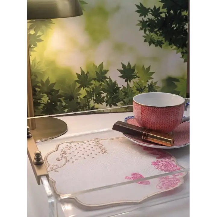 2 Adet Pip Royal Uyumlu Pembe Beyaz Nakışlı Lüks Keten Sunum Peçetesi 15x15cm