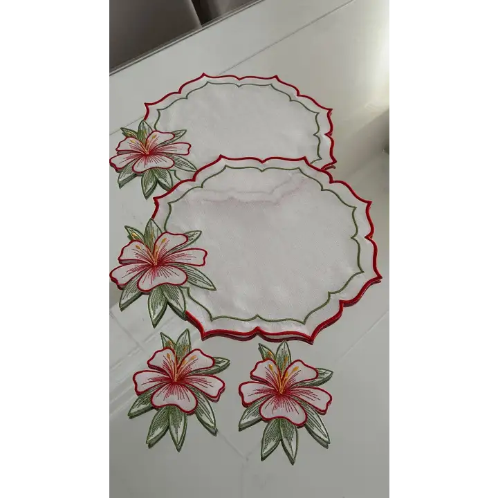 2 Kişilik Zambak Nakışlı Amerikan Servis Supla Sunum Peçetesi Hediyeli - 4 Parça Bahar Serisi