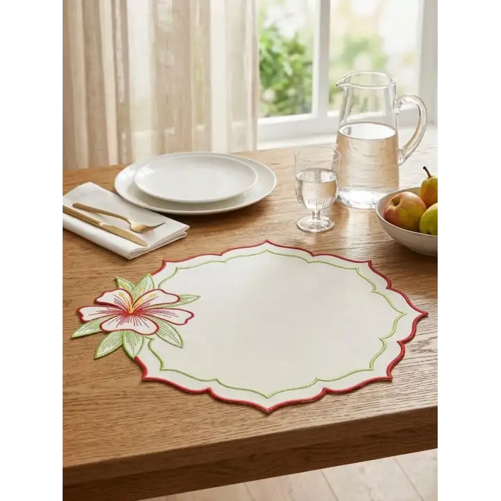 2 Kişilik Zambak Nakışlı Amerikan Servis Supla Sunum Peçetesi Hediyeli - 4 Parça Bahar Serisi