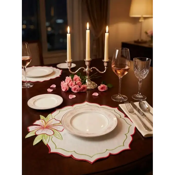 2 Kişilik Zambak Nakışlı Amerikan Servis Supla Sunum Peçetesi Hediyeli - 4 Parça Bahar Serisi