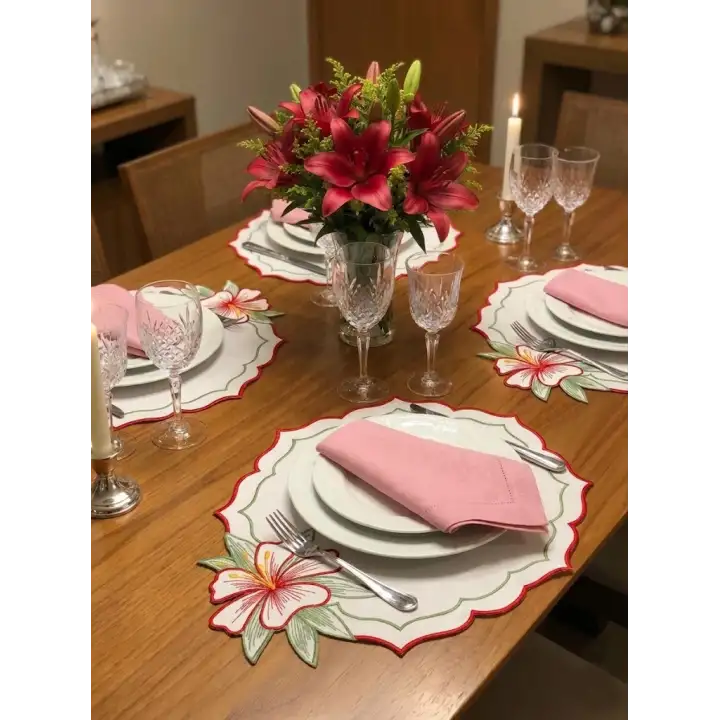 2 Kişilik Zambak Nakışlı Amerikan Servis Supla Sunum Peçetesi Hediyeli - 4 Parça Bahar Serisi