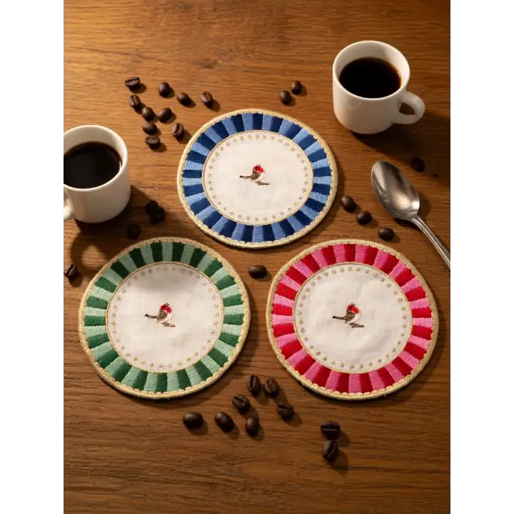 3lü Nakışlı Kuş Desenli Yuvarlak Kokteyl Peçete Seti- Pip Studio Uyumlu Mavi-Kırmızı-Yeşil Sunum Peçetesi 15x15cm