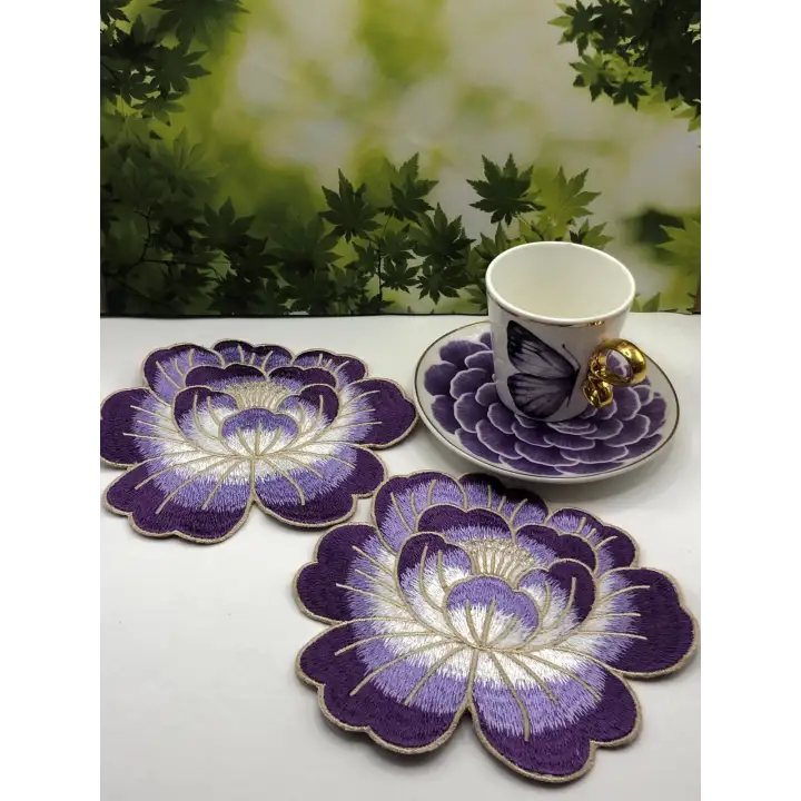 2 Adet Mor Gül Nakışlı Sunum ve Kokteyl Peçetesi 14x13cm