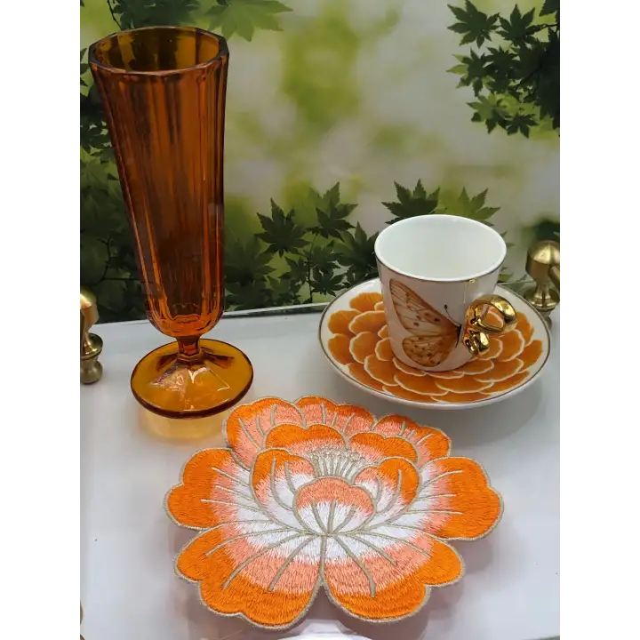 2 Adet Turuncu Gül Nakışlı Sunum ve Kokteyl Peçetesi 14x13cm