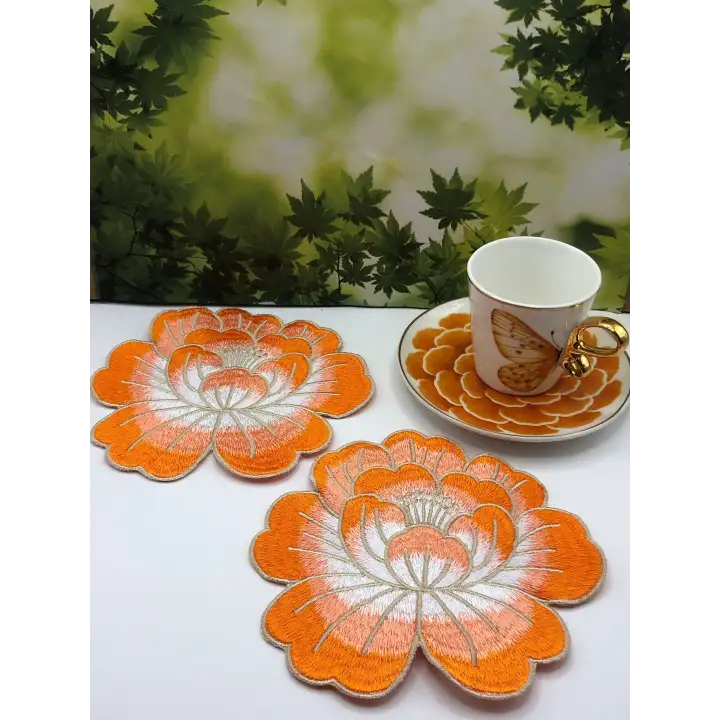 2 Adet Turuncu Gül Nakışlı Sunum ve Kokteyl Peçetesi 14x13cm
