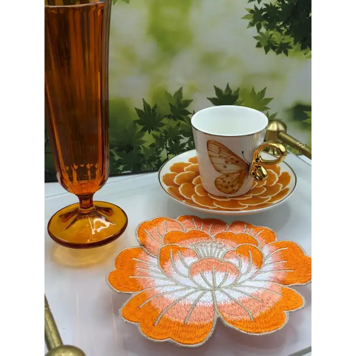 2 Adet Turuncu Gül Nakışlı Sunum ve Kokteyl Peçetesi 14x13cm