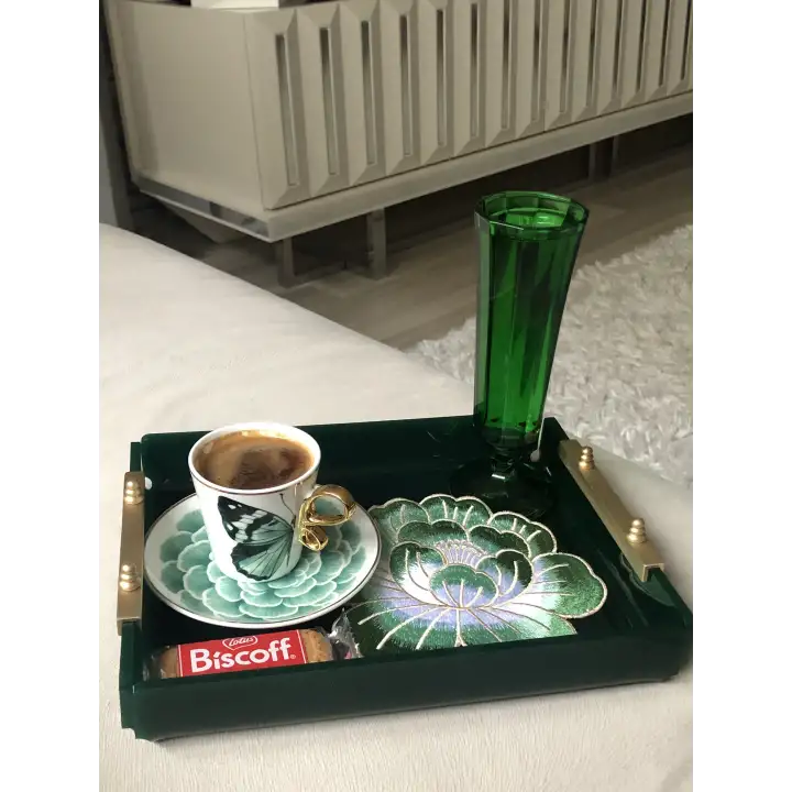 2 Adet Yeşil Gül Nakışlı Sunum ve Kokteyl Peçetesi 14x13cm