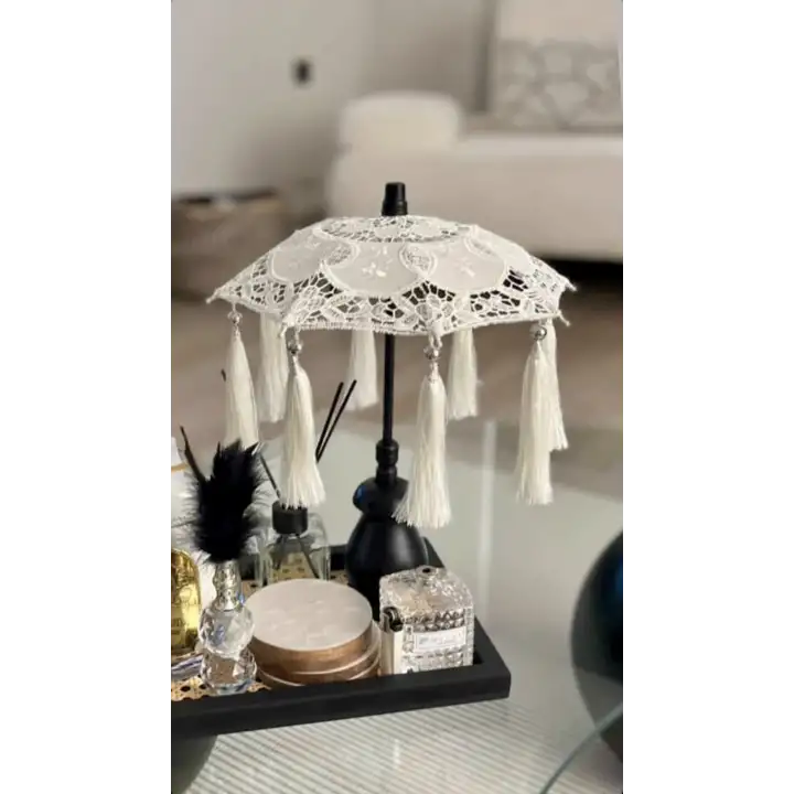 Masaüstü Dantelli Siyah Ahşap Dekoratif Sunum Bali Şemsiyesi