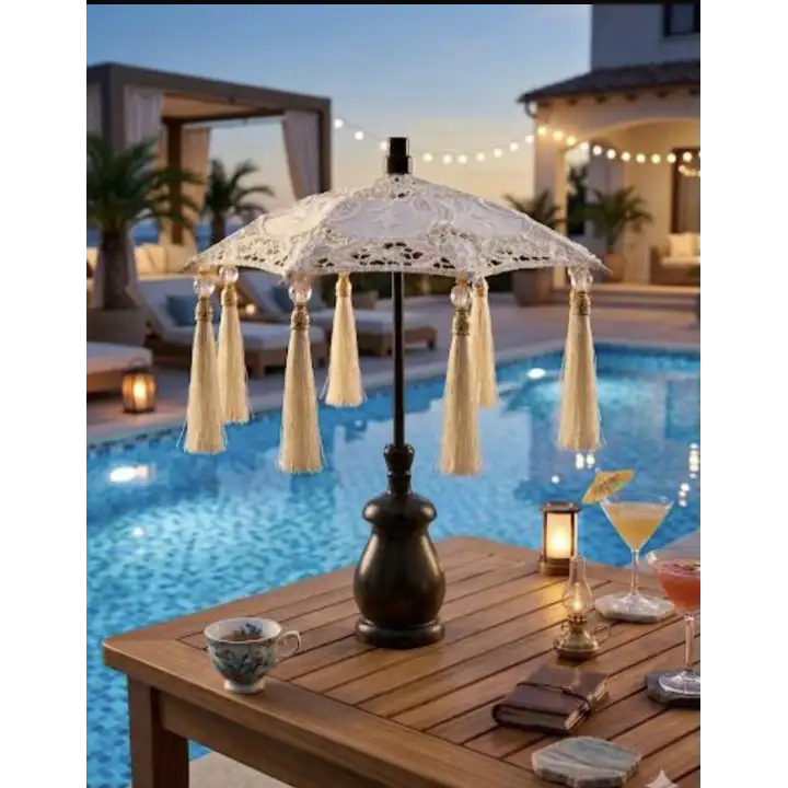 Masaüstü Dantelli Siyah Ahşap Dekoratif Sunum Bali Şemsiyesi