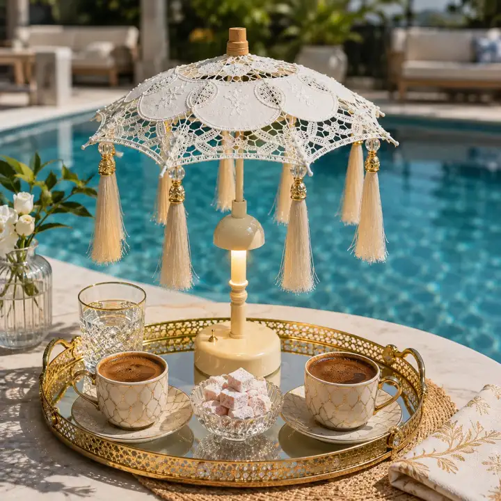 Agbtrend Şarjlı LED Lambalı Dekoratif Bali Masa Şemsiyesi - 40 cm Kablosuz Abajur Gece Lambası