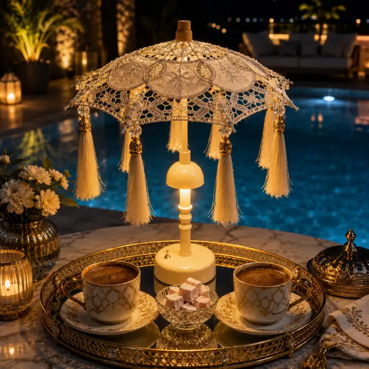 Agbtrend Şarjlı LED Lambalı Dekoratif Bali Masa Şemsiyesi - 40 cm Kablosuz Abajur Gece Lambası
