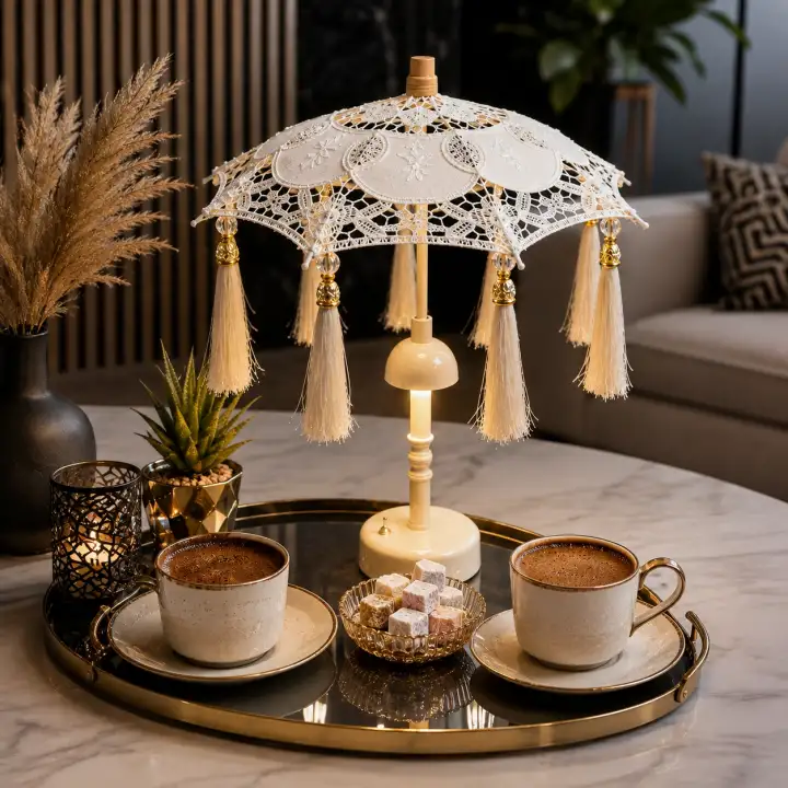 Agbtrend Şarjlı LED Lambalı Dekoratif Bali Masa Şemsiyesi - 40 cm Kablosuz Abajur Gece Lambası