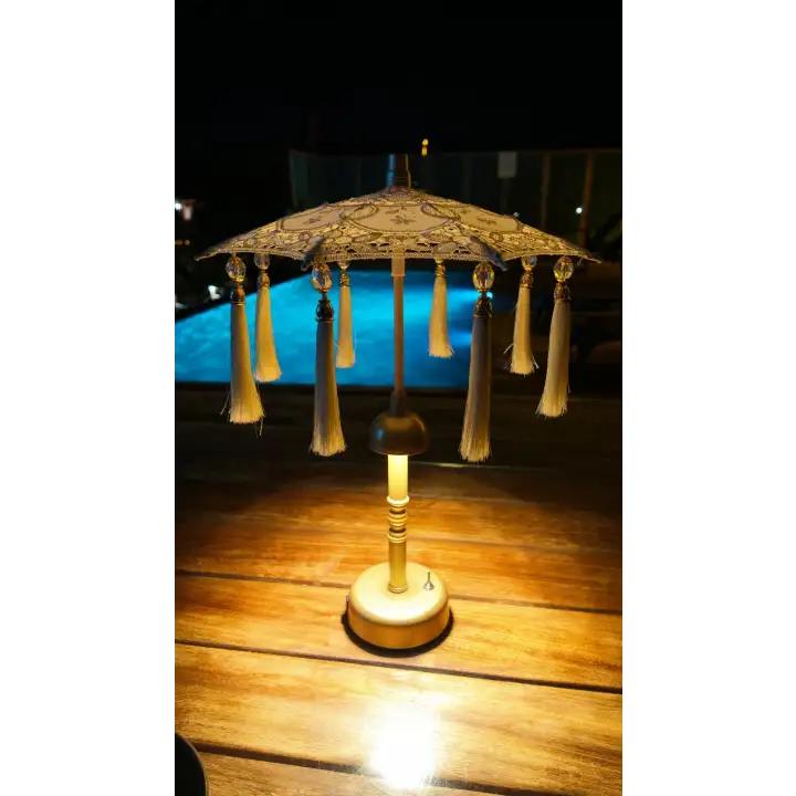 Agbtrend Şarjlı LED Lambalı Dekoratif Bali Masa Şemsiyesi - 40 cm Kablosuz Abajur Gece Lambası