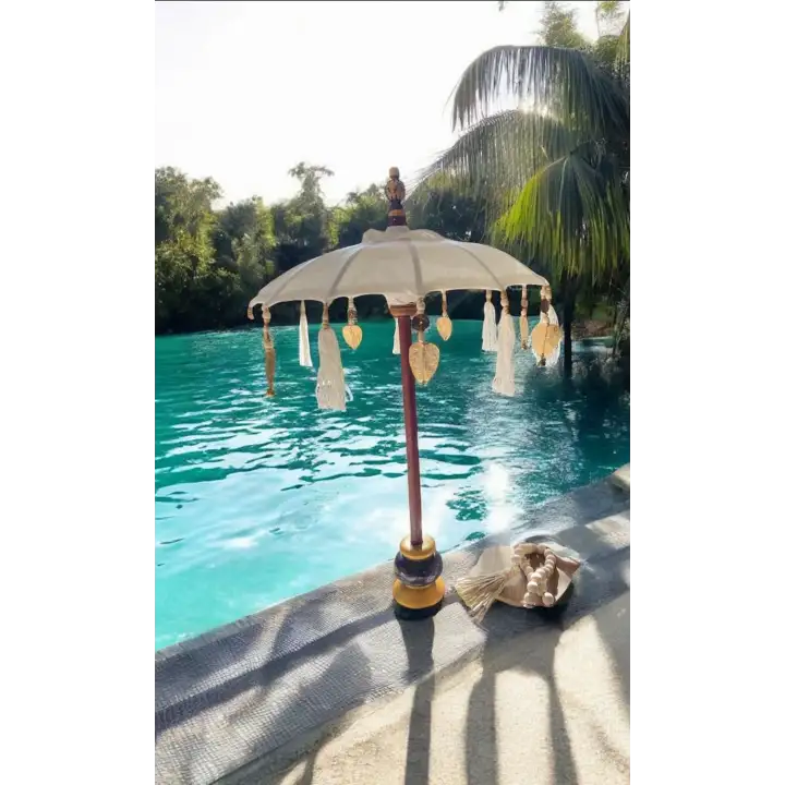 Dekoratif Bali Şemsiyesi Krem Rengi 77cm Püsküllü ve Boncuklu Bohem Dekoru