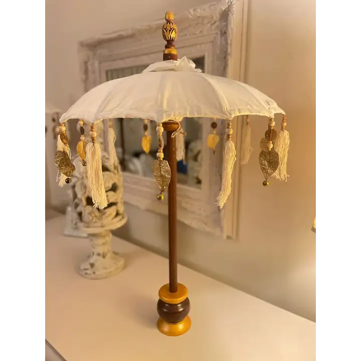 Dekoratif Bali Şemsiyesi Krem Rengi 77cm Püsküllü ve Boncuklu Bohem Dekoru