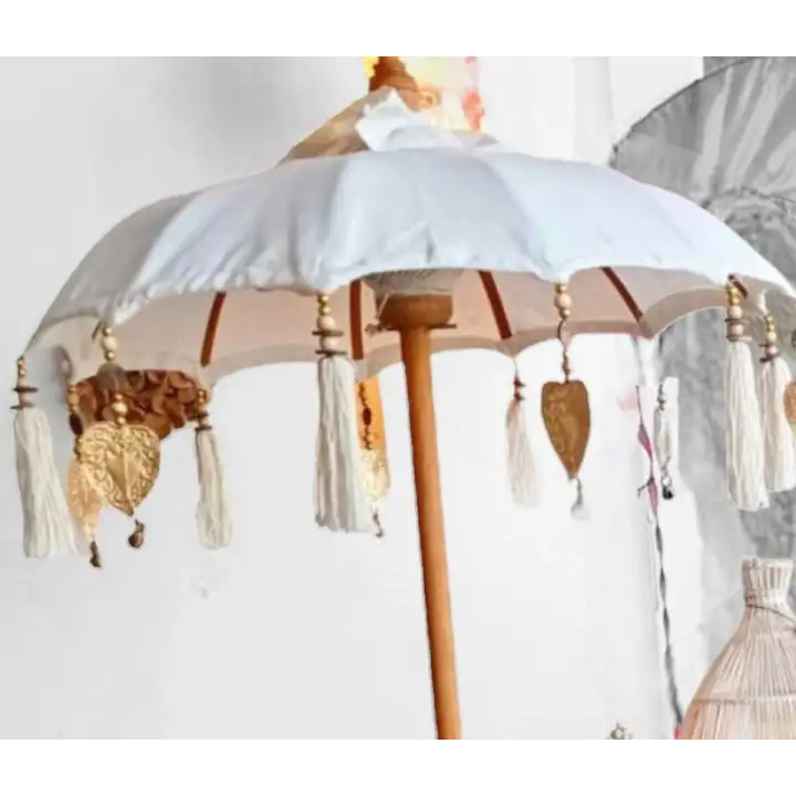 Dekoratif Bali Şemsiyesi Krem Rengi 77cm Püsküllü ve Boncuklu Bohem Dekoru