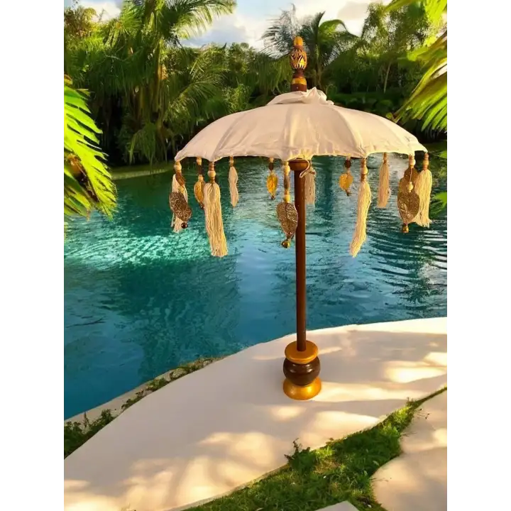 Dekoratif Bali Şemsiyesi Krem Rengi 77cm Püsküllü ve Boncuklu Bohem Dekoru