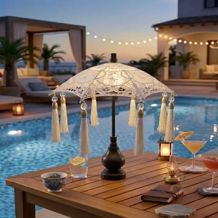 Masaüstü Dantelli Siyah Ahşap Dekoratif Sunum Bali Şemsiyesi