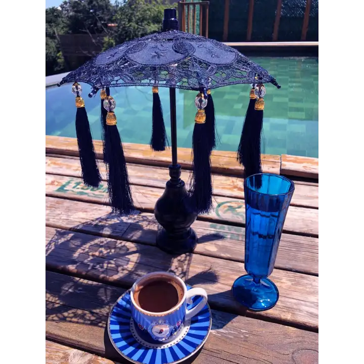 Masaüstü Lacivert Dantelli Dekoratif Sunum Bali Şemsiyesi