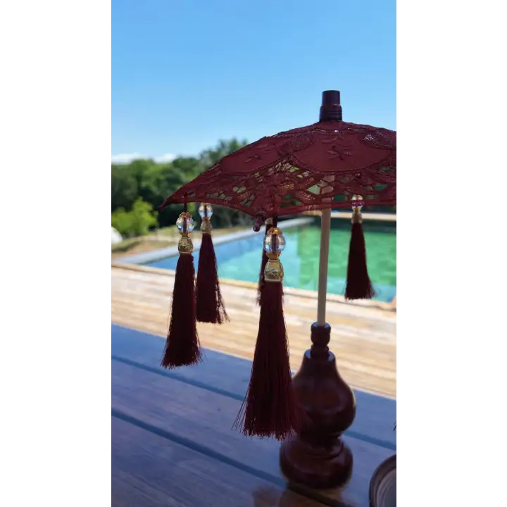 Masaüstü Otantik Bordo Dantelli Dekoratif Sunum Bali Şemsiyesi 36x30cm