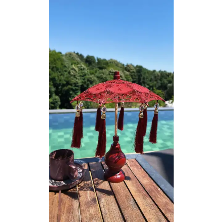 Masaüstü Otantik Bordo Dantelli Dekoratif Sunum Bali Şemsiyesi 36x30cm