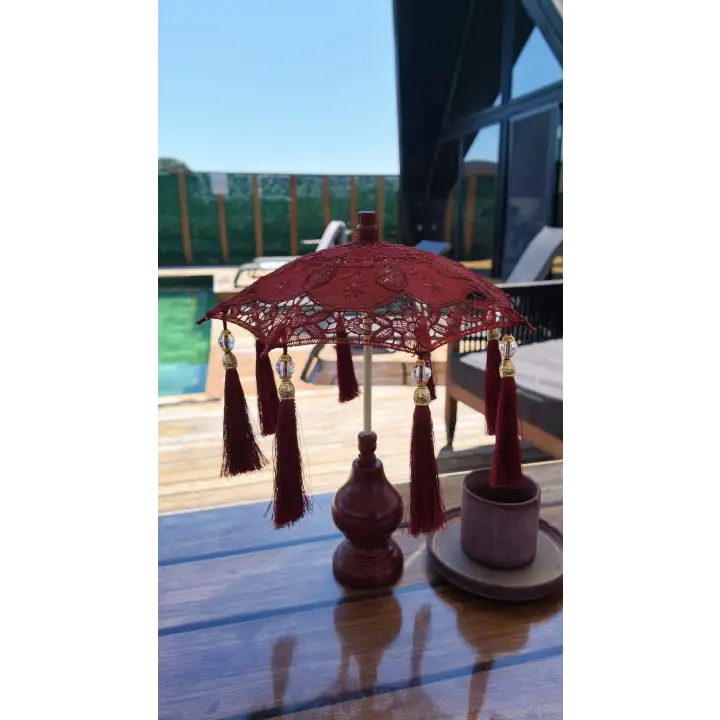 Masaüstü Otantik Bordo Dantelli Dekoratif Sunum Bali Şemsiyesi 36x30cm